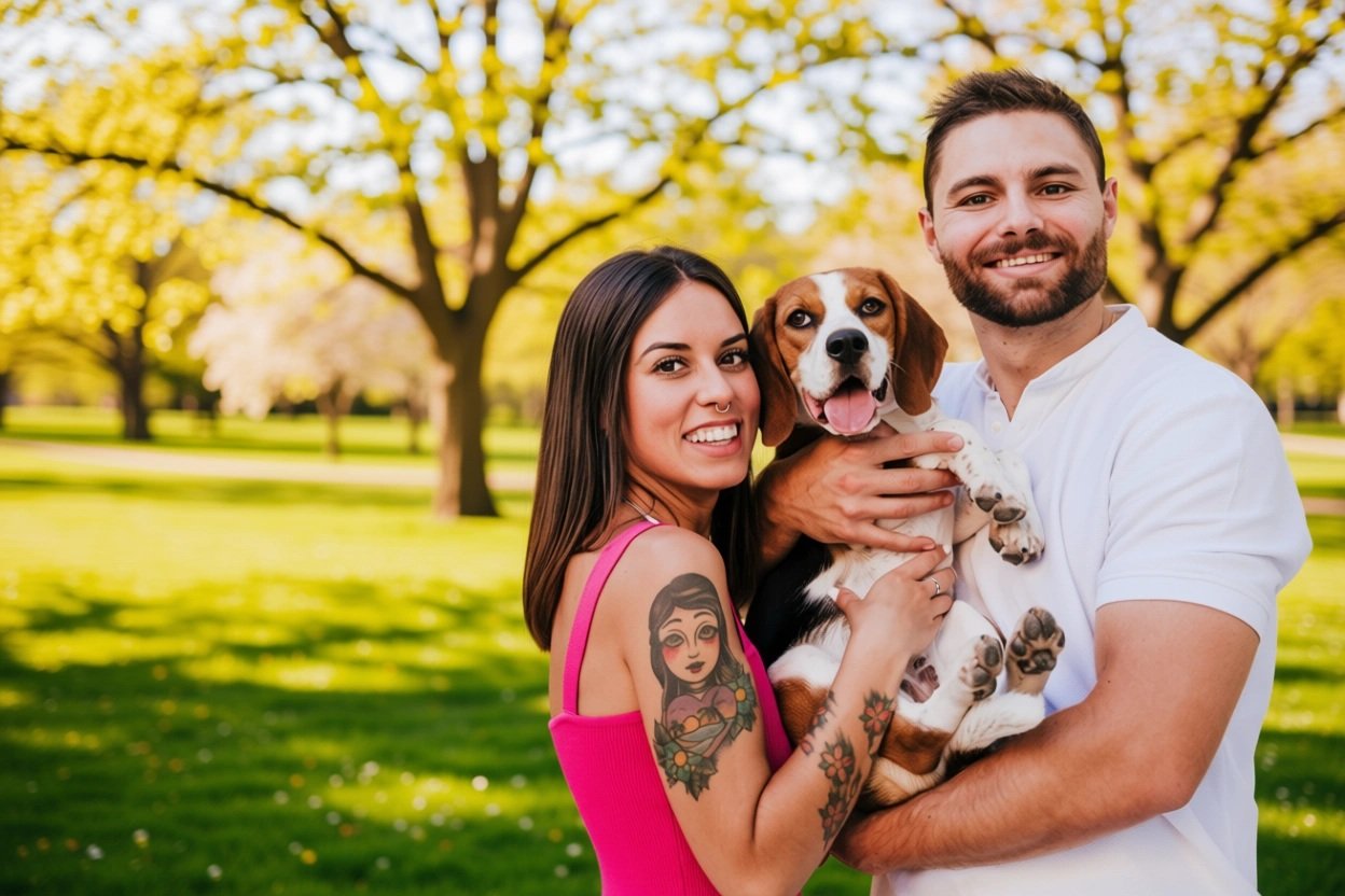 Pareja con su mascota en el parque